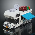 Detailed White RV Model Featuring Satellite Dish Luggage Green Orange Bags And Blue Awning