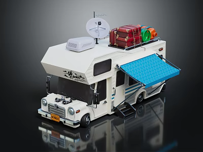 Detailed White RV Model Featuring Satellite Dish Luggage Green Orange Bags And Blue Awning 3d model