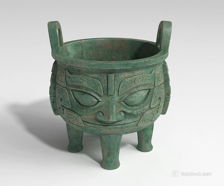 Ancient Bronze Landscape Sculpture With Animal Face Patterns Three Legs And Double Handles 3d model 