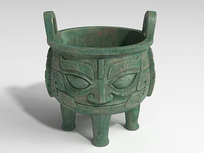 Ancient Bronze Landscape Sculpture With Animal Face Patterns Three Legs And Double Handles 3d model