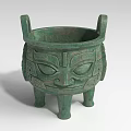 Ancient Bronze Landscape Sculpture With Animal Face Patterns Three Legs And Double Handles