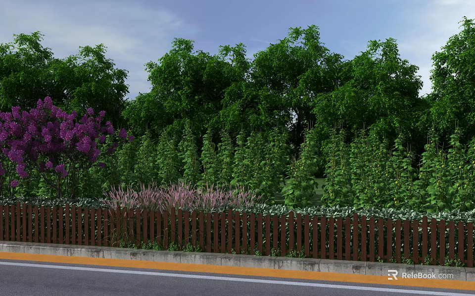 Natural Garden Landscape With Lush Green Trees Purple Flowers And Brown Fence Under Blue Sky 3d model 