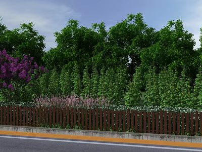 Natural Garden Landscape With Lush Green Trees Purple Flowers And Brown Fence Under Blue Sky 3d model