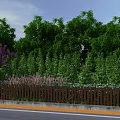 Natural Garden Landscape With Lush Green Trees Purple Flowers And Brown Fence Under Blue Sky