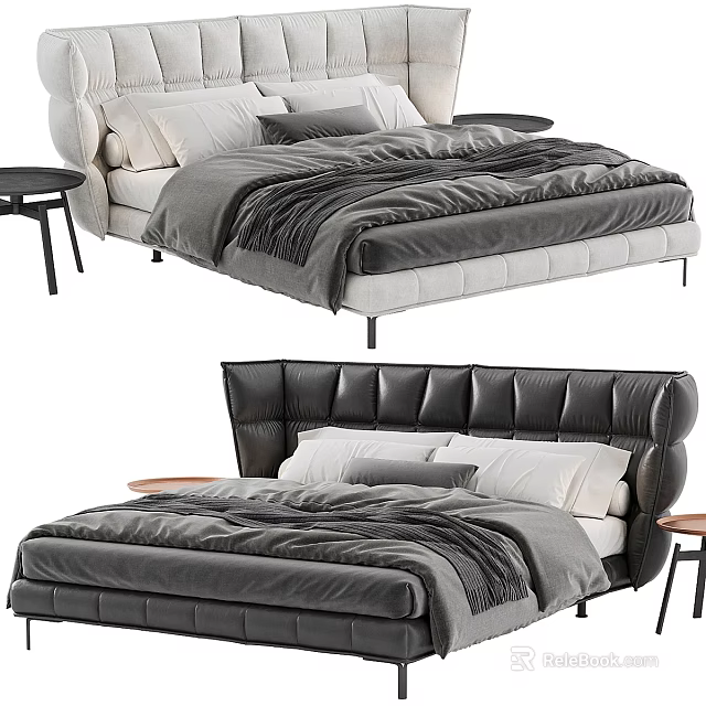 Modern Double Bed Interior With Leather Headboard Gray White Bedding And Side Tables 3d model