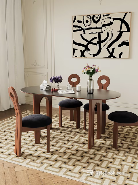 Modern Round Dining Table Set With Wooden Frame Velvet Chairs Floral Vase And Geometric Carpet 3d model 