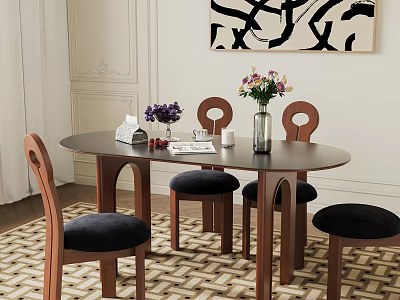 Modern Round Dining Table Set With Wooden Frame Velvet Chairs Floral Vase And Geometric Carpet 3d model
