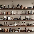 Stylish Decorative Ornament Combinations on Shelves Featuring Vases Candle Holders Sculptures and Plant Decor