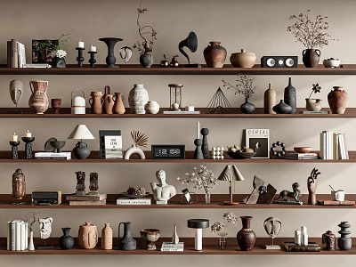 Stylish Decorative Ornament Combinations on Shelves Featuring Vases Candle Holders Sculptures and Plant Decor 3d model