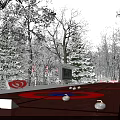 Scenic Winter Garden Landscape With Snow-Covered Evergreen Trees Red Pathway And Circular Areas