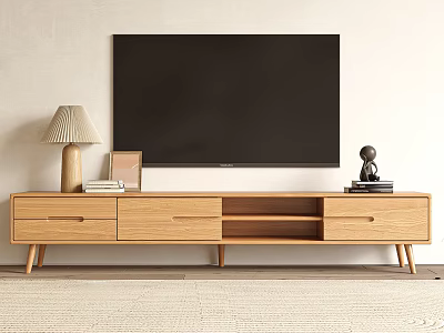 Modern Wooden TV Stand with Drawers and Storage Shelves Table Lamp Photo Frame Books and Sculpture 3d model