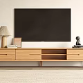 Modern Wooden TV Stand with Drawers and Storage Shelves Table Lamp Photo Frame Books and Sculpture