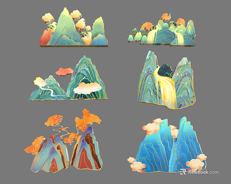Varied Design Colorful Landscape Commercial Equipment Featuring Mountain Cloud Tree Waterfall Elements 3d model