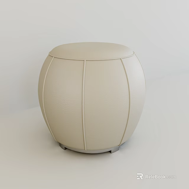 Round Beige Leather Stool With Stitched Design And Metal Base 3d model