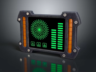 Industrial Control Panel Design Featuring Green Display Black Frame Metal Rivets And Bar Graphs 3d model