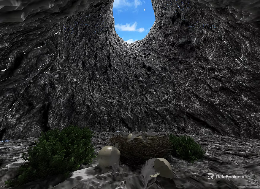 Natural Cave Landscape With Circular Opening Showing Blue Sky And Green Plants 3d model 