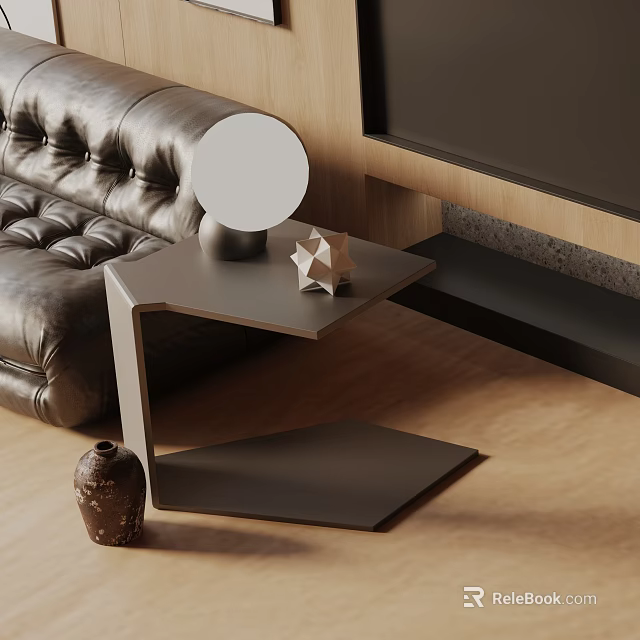 Modern Side Table In Living Room With Leather Sofa Wooden Floor And Decorative Mirror Sculpture 3d model 