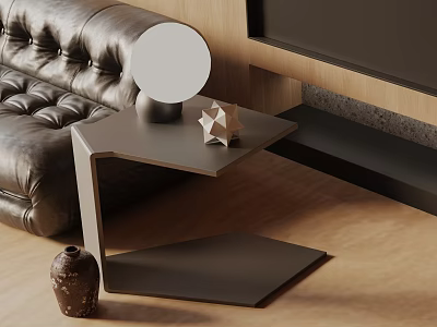 Modern Side Table In Living Room With Leather Sofa Wooden Floor And Decorative Mirror Sculpture 3d model