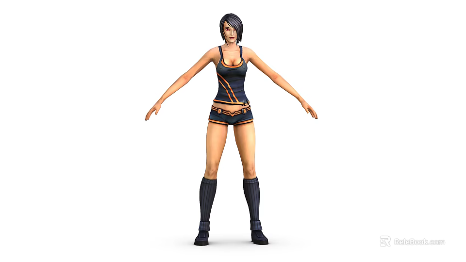 Stylish 3D Female Anime Character With Short Hair Black Vest Shorts And Long Boots 3d model 