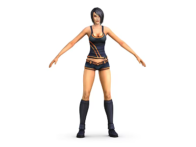 Stylish 3D Female Anime Character With Short Hair Black Vest Shorts And Long Boots 3d model