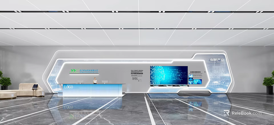 Modern Reception Desk Design With Digital Screen And Company Logo In Office Lobby 3d model 