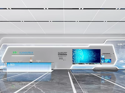 Modern Reception Desk Design With Digital Screen And Company Logo In Office Lobby 3d model