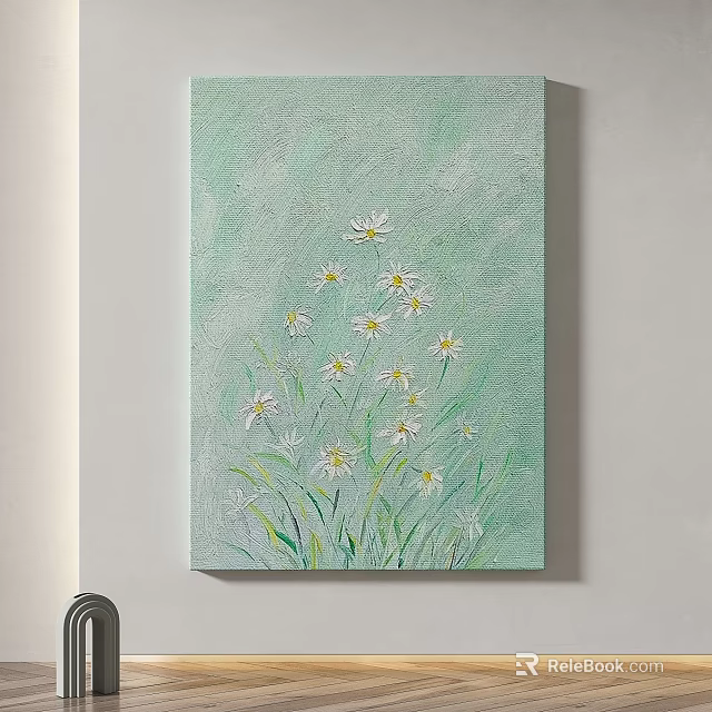 Light Green Background Oil Painting With White Daisies And Green Grass 3d model 