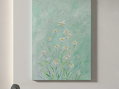 Light Green Background Oil Painting With White Daisies And Green Grass 3d model