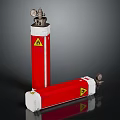 Red Cylindrical Commercial Equipment With Yellow Warning Signs White Base And Metal Top