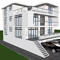 Modern Detached Villa Exterior With Balcony Garage Green Lawn And Parked Cars