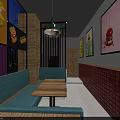 Modern Fast Food Restaurant Interior With Red Grid Ceiling Wooden Tables And Colorful Seats