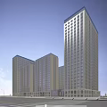 Modern Tall Illuminated Office Buildings In Urban Night View With Street Cars And Trees