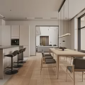Modern Open Living Dining Area Design With Pendant Lights Sofa Fireplace and Wooden Floors