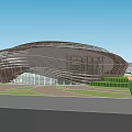 Modern Curved Architectural Design With Glass Roof Green Space And Water Features