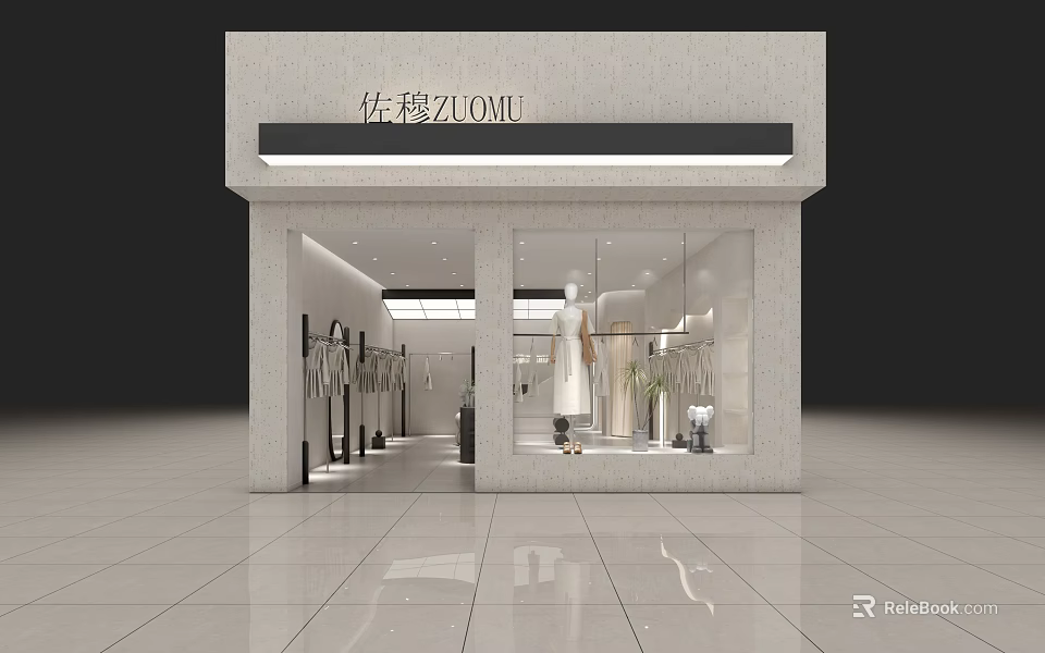 Modern Clothing Store Front With Glass Window Mannequins And Hanging Outfits 3d model 