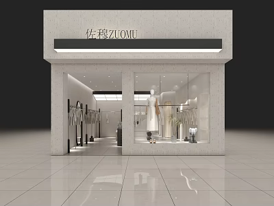 Modern Clothing Store Front With Glass Window Mannequins And Hanging Outfits 3d model