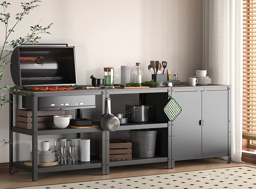 Modern Kitchen Featuring Grey Metal Shelving Open Grill Pots Knives Spice Bottles Glasses and Bowls 3d model 