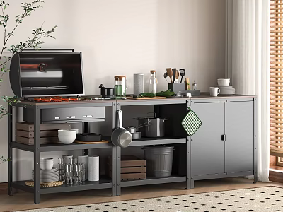 Modern Kitchen Featuring Grey Metal Shelving Open Grill Pots Knives Spice Bottles Glasses and Bowls 3d model