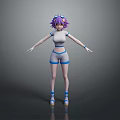 3D Woman Model With Purple Hair White Sportswear Blue Accents And Shoes On Gray Background
