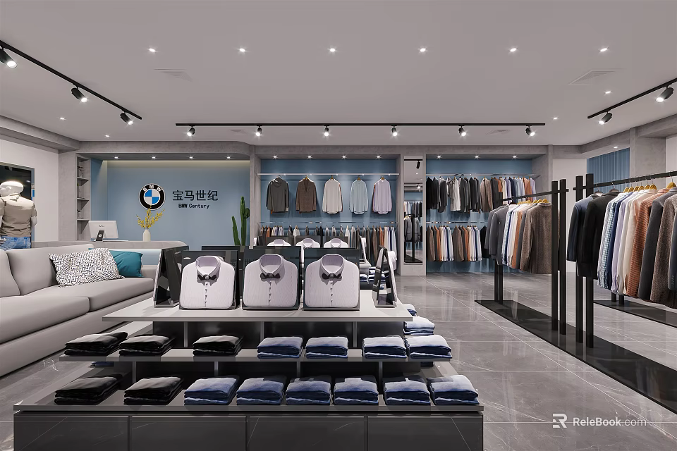 Modern Clothing Store Interior With Displayed Shirts Folded Clothes And Hanging Garments 3d model 