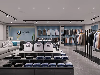 Modern Clothing Store Interior With Displayed Shirts Folded Clothes And Hanging Garments 3d model