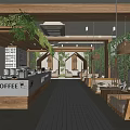 Modern Coffee Shop Interior With Wooden Elements Green Plants And White Tile Floor