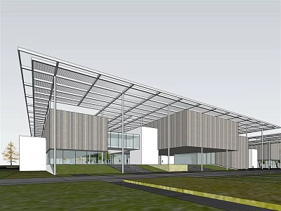 Modern Architecture With Glass Facade And Metal Roof Structure On Lawn Area 3d model