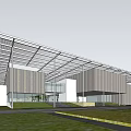 Modern Architecture With Glass Facade And Metal Roof Structure On Lawn Area