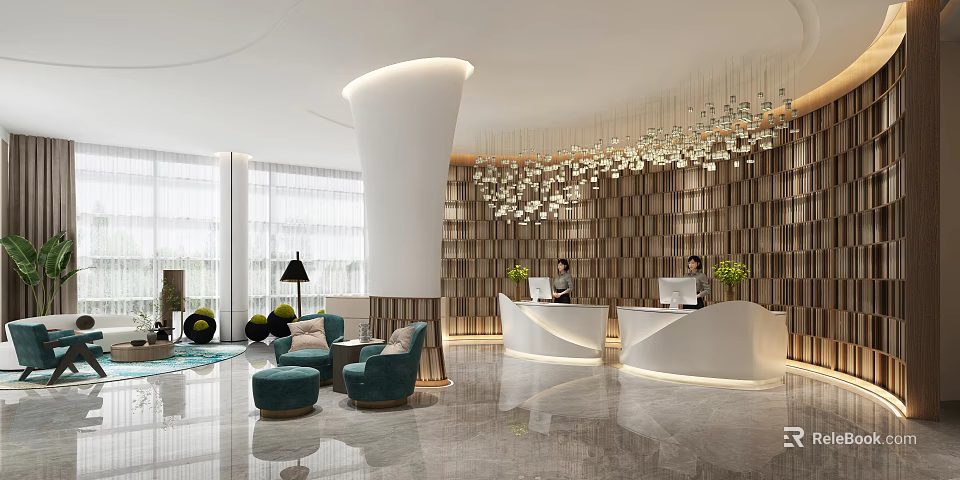Hotel Public Lounge Area Featuring Wooden Wall Chandelier Blue Sofas Green Plants And Reception Desks 3d model 