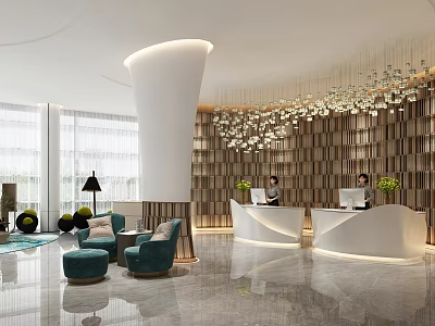 Hotel Public Lounge Area Featuring Wooden Wall Chandelier Blue Sofas Green Plants And Reception Desks 3d model