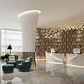 Hotel Public Lounge Area Featuring Wooden Wall Chandelier Blue Sofas Green Plants And Reception Desks