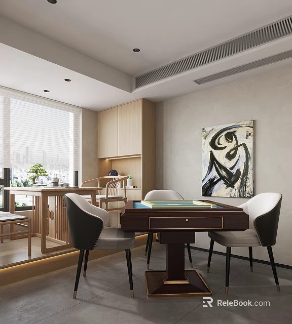 Modern Hotel Mahjong Room Interior With Mahjong Table Comfortable Chairs And Abstract Painting 3d model 
