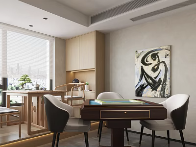 Modern Hotel Mahjong Room Interior With Mahjong Table Comfortable Chairs And Abstract Painting 3d model