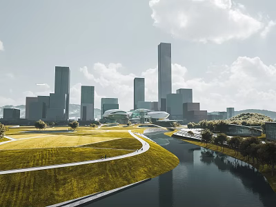 Modern Urban Cityscape With Tall Skyscrapers River Green Areas And Winding Paths 3d model